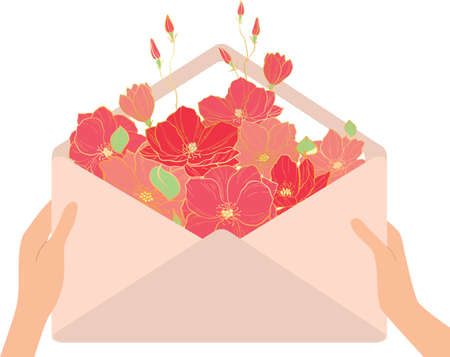 An open envelope with flowers is held in their handsのイラスト素材