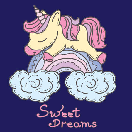 Cute unicorn sleeps on a cloud hand drawn on the theme of sleep doodleのイラスト素材