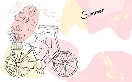 Girl rides a bicycle and carries a basket of flowers with tulips in the doodle