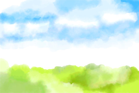 Watercolor background of blue sky with white clouds and bright sunny green grassのイラスト素材