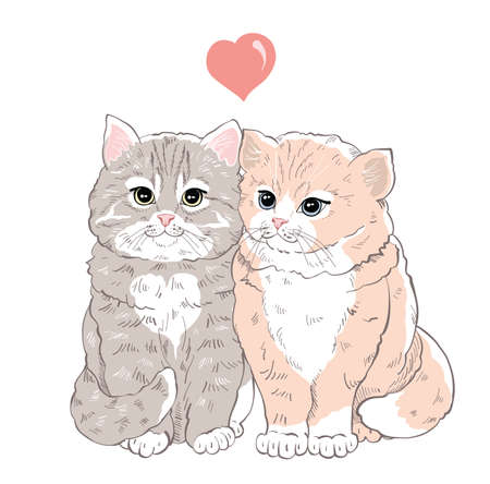 Two cute and furry kitten pink heart and the text I love you. Hand drawn doodlesのイラスト素材