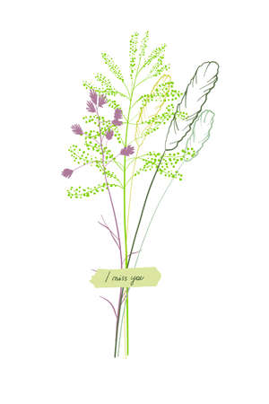 A cute bouquet of blades of grass, a summer collection of different herbs with a piece of paper with an inscription glued on. On a white backgroundのイラスト素材
