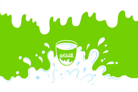 Milk splash banner. Dairy splashes, white creamy liquid drops. Fresh farm food, milk flowelement. Flat milkshake wave recent vector poster.のイラスト素材