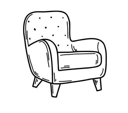 Hand-drawn upholstered chair on four legs in doodle style, sketch in black and white. An element of the interior.のイラスト素材