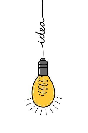 A hand-drawn light bulb with an idea, a symbol of an idea, a simple doodle sketch style. Fashionable flat vector illustration.のイラスト素材