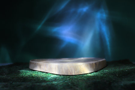 Sawn tree podium, on green moss, on a dark background. Beautiful northern lights on the background. Presentation of products.の写真素材