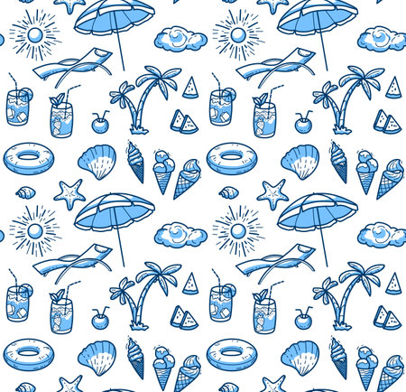 A pattern of hand-drawn doodle symbols of vacation, travel doodle. Tourist and summer sketch. Blue-white linear vector.のイラスト素材