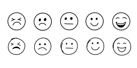 Hand drawn in doodle style, emoji with evaluation range from joyful to sad.のイラスト素材