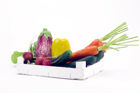 fresh farmers vegetables in a white wooden boxの写真素材