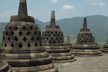 details of the top of Borobudur temple near Yogyakarta, Java island, Indonesiaのeditorial素材