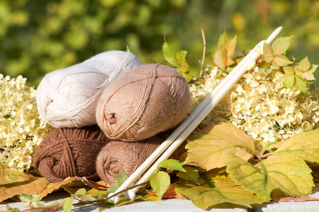 balls of wool in shades of natural tones and big knitting needles.の写真素材