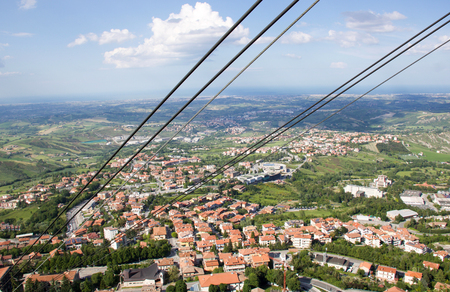 view of romagna coast from the top of monte Titano near cable car cables in the Republic of San Marino, Italyの写真素材