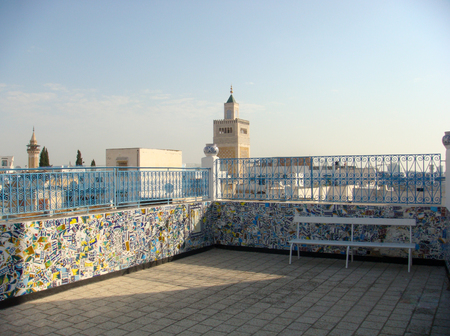 landscape with tunis mosque minaret  from a roof of the city in a sunny dayのeditorial素材