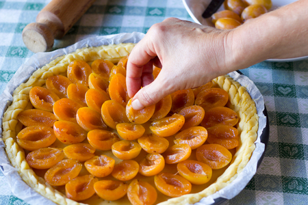 woman hand prepare a yellow prunes tart with fruit decorationの写真素材