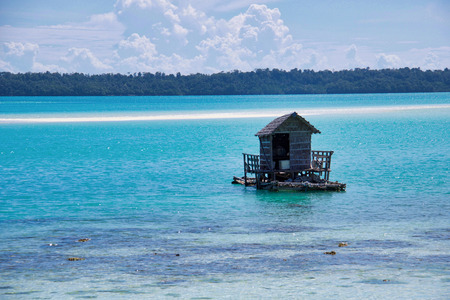 the fisherman house in the  beautiful turquoise celebes sea at low tide, indonesian borneoの写真素材