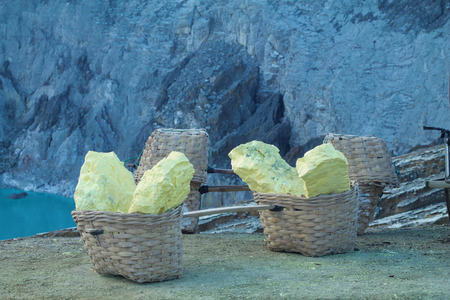 pieces of sulfur extracted from kavah ijen volcano  that the carriers carry downstream on their shoulders, javaの写真素材
