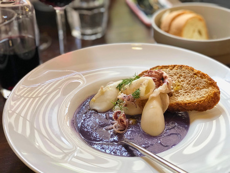 fresh squids on a purple cabbage cream served with a slice of  toasted bread and fennel decoration