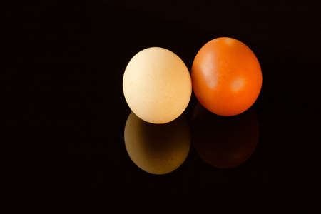 two hen eggs in different eggshell colors on a reflective black surface, copy spaceの写真素材