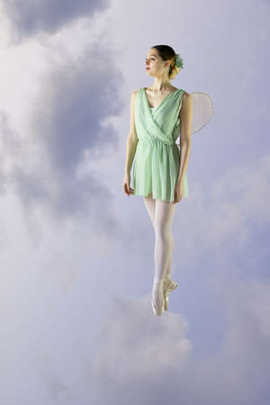 ballet dancer on pointe shoes and dragonfly costume, sky and clouds backgroundの写真素材