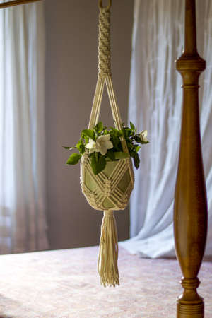 macrame pot holder in cotton rope hanging on canopy bed, home decorの写真素材