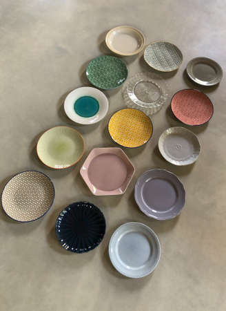 group of different dessert dishes in color and shape isolated