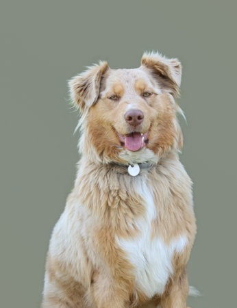 portrait of australian shepherd dog on green background, copy spaceの写真素材