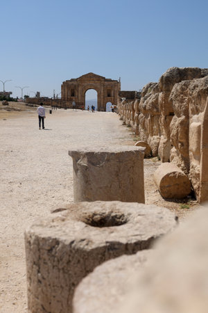 Jerash, Jordan - August 23, 2022: view of the southern gate of archaeological site visited by tourists, hadrian archのeditorial素材