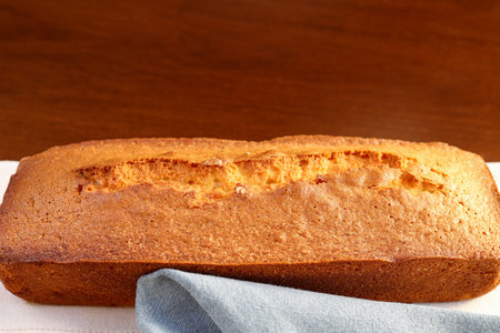 close view of homemade plumcake just baked on the table, copy space