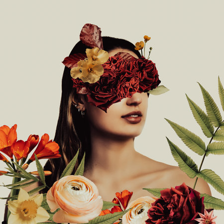 art collage portrait of young woman with flowers on eyes and on bare skinの写真素材