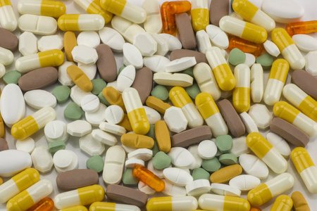 close view of group of medicines, pills and capsules isolated, full frameの写真素材