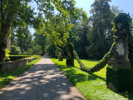 Grazzano Visconti, italy - june 11, 2023: details of the beautiful park surrounding grazzano visconti medieval castle in Piacenza provinceのeditorial素材