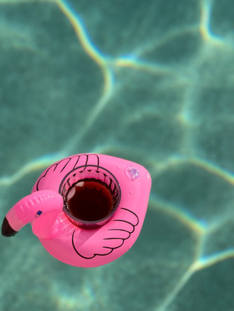 fresh drink floating in a funny inflatable in the shape of pink flamingo on a pool water, copy spaceの写真素材