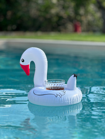 funny inflatable in the shape of swan floating with a drink on a pool waterの写真素材