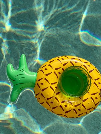 fresh glass with water and mint floating in a funny inflatable on a pool water, copy spaceの写真素材