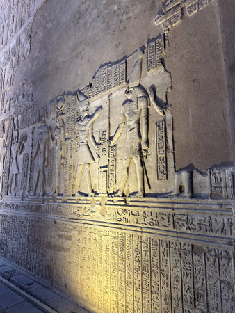 ancient carved wall with hieroglyphics in Kom Ombo temple built during Ptolemaic dynasty, Egyptの写真素材
