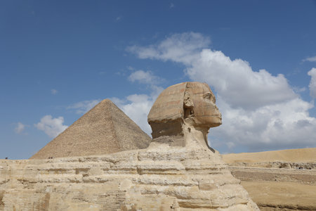 close profile portrait of the sphinx in front of cheops pyramid. Giza, Egypt