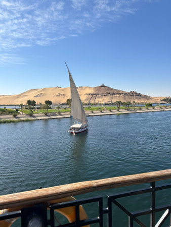 sailboat on Nile river view from cruise ship. Egyptの写真素材