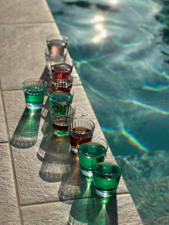 group of colored drinks in glasses on poolside, vacation conceptの写真素材