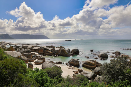 seascape from boulders beach with rocks and sand in summer. South Africaの写真素材