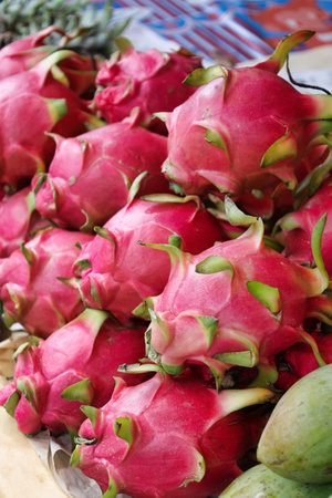 group of dragon fruits in local market, Vietnamの写真素材