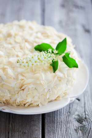 Bird cherry cake with almonds and whipped cream, decorated with bird cherry flowers, selective focus の写真素材