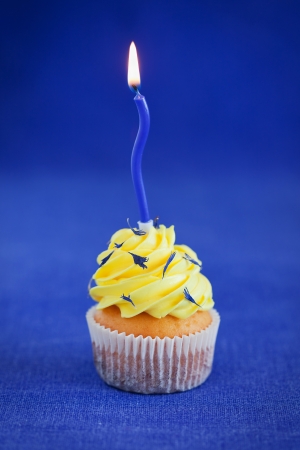Birthday cupcake with lemon butter cream and dried cornflower petals, selective focusの写真素材