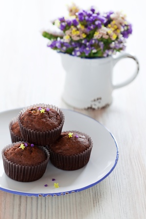 Chocolate banana muffins, selective focusの写真素材