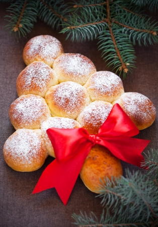 Christmas tree bread buns, selective focus