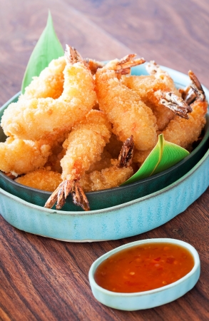 Shrimp tempura with spicy chili sauce, selective focusの写真素材