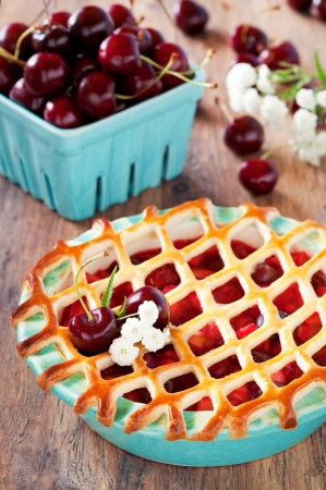 Pie with apples and cherries, selective focusの写真素材