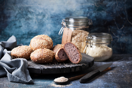Fresh homemade whole grain burger buns, selective focus の写真素材