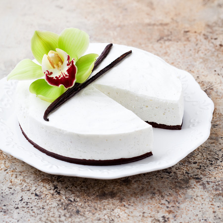 Vanilla and chocolate cheesecake, selective focusの写真素材