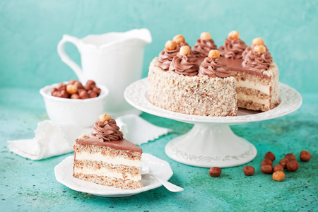 Meringue hazelnut cake with chocolate cream, selective focusの写真素材