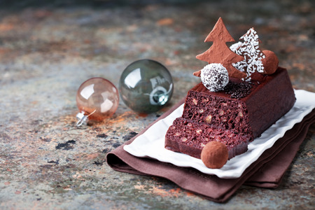 Chocolate and nuts Christmas cake, selective focusの写真素材